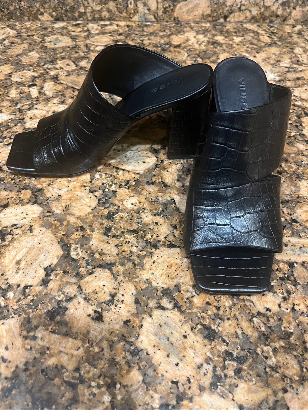 Vince Black Croc-Embossed Leather Mule Heels